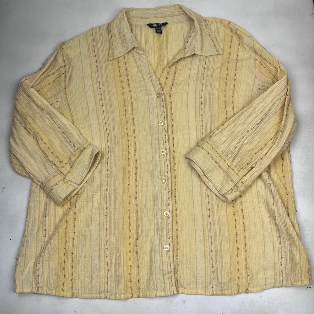Krazy Kat Woman Yellow Crinkle Stripe Button Down Blouse Plus Size 1X Stretch